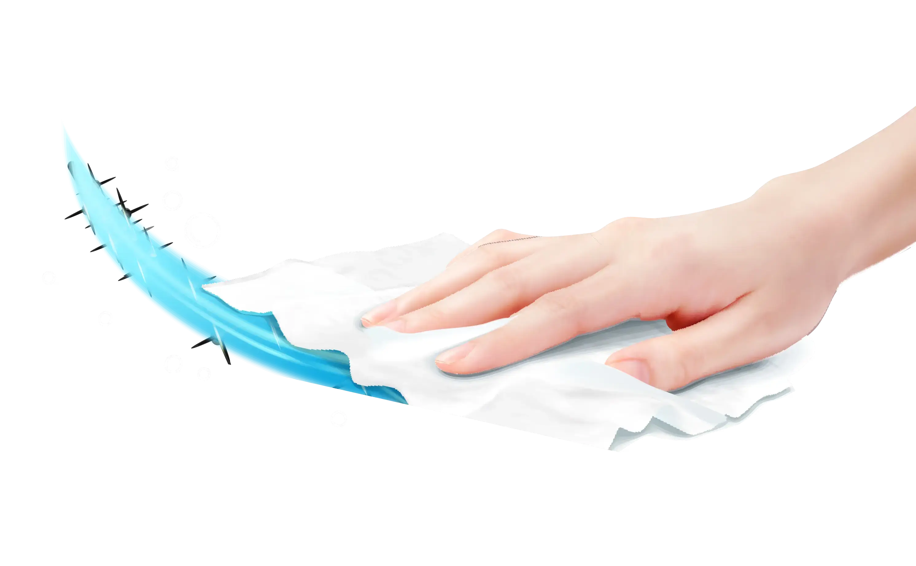 Hand wischt mit Reinigungstuch über Schmutzpartikel – sichtbar effektive Säuberung mit Schaumwirkung