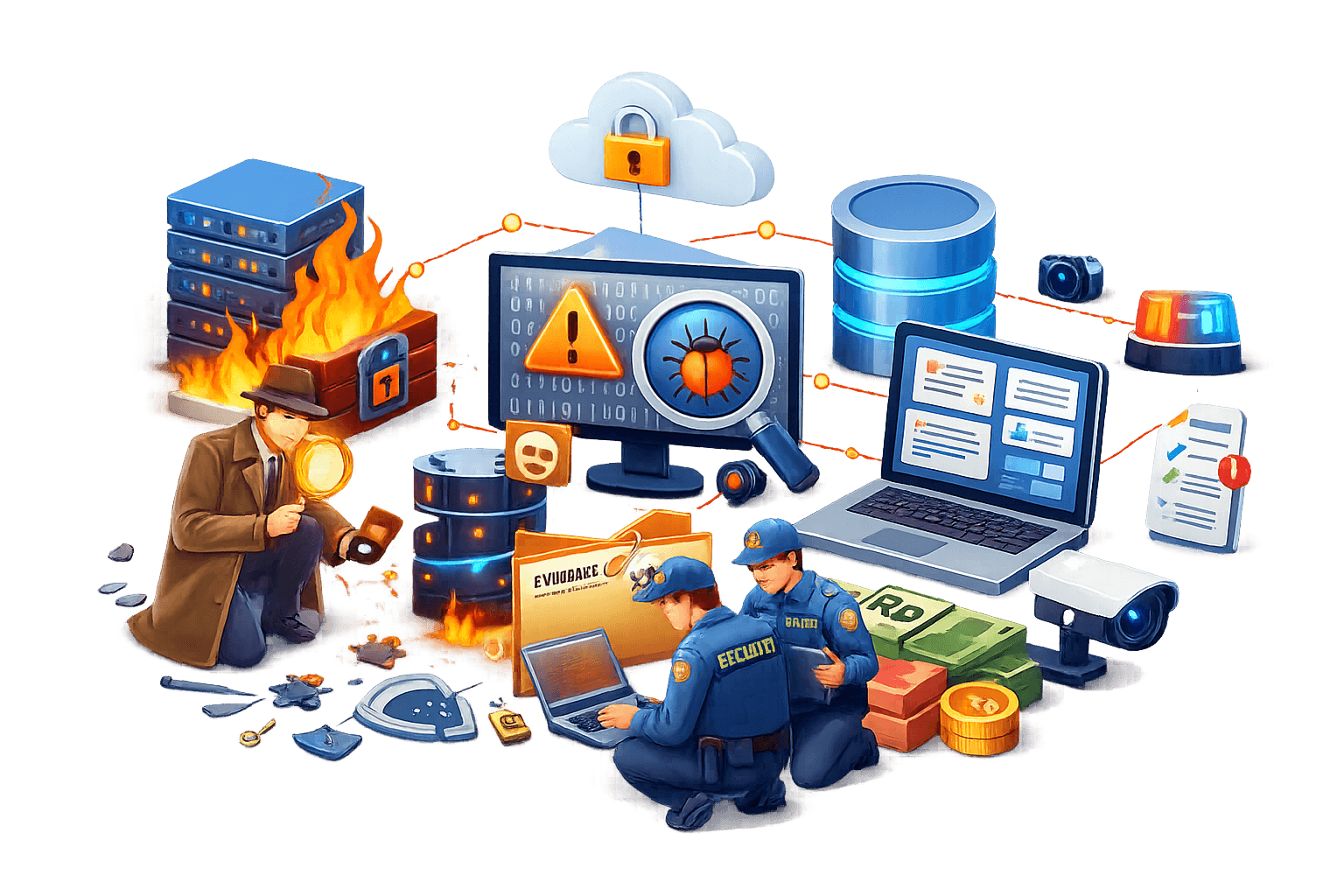 Ilustrasi security incident response & digital forensics pada sistem keuangan berbasis API. Di kiri, server terbakar dan brankas terbuka menandakan insiden keamanan kritis, sementara seorang investigator/detektif menginspeksi perangkat dengan kaca pembesar. Di tengah, monitor menampilkan peringatan (segitiga) dan ikon bug pada alur data biner, terhubung ke database dan cloud bergembok.  Di bagian bawah, tim keamanan berseragam menganalisis evidence menggunakan laptop; perisai pecah melambangkan pelanggaran yang sedang ditangani. Di kanan, laptop dashboard menampilkan status pemulihan, CCTV menunjukkan pengawasan, dan tumpukan uang/koin Rp merepresentasikan aset yang dilindungi. Police siren, tape “SECURITY INCIDENT / SECURITY RESPONSE”, dan garis koneksi oranye menegaskan respons insiden, forensik digital, mitigasi ancaman, dan pemulihan sistem end‑to‑end.