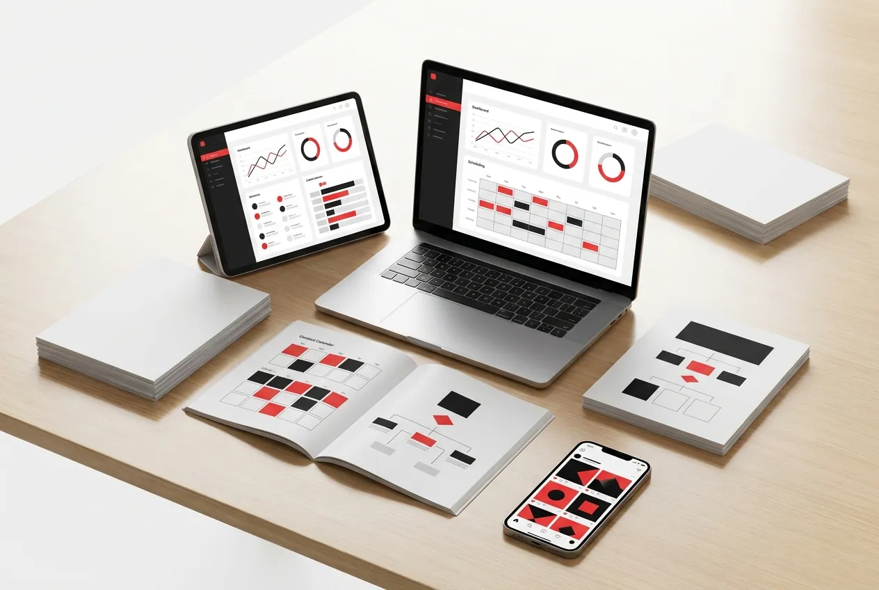 Digital Marketing setup by RockN' Socials on laptop, tablet, and phone.