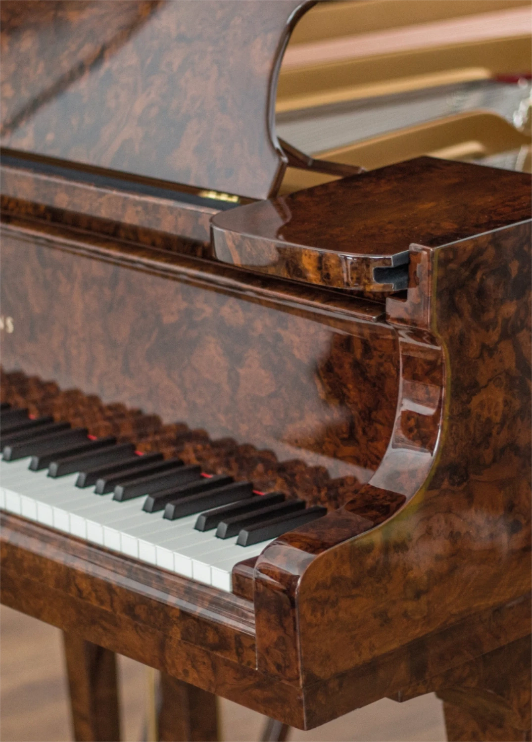 Close-up of the piano’s keyboard and polished wooden frame, showcasing the fine craftsmanship of Meyer Pianos.