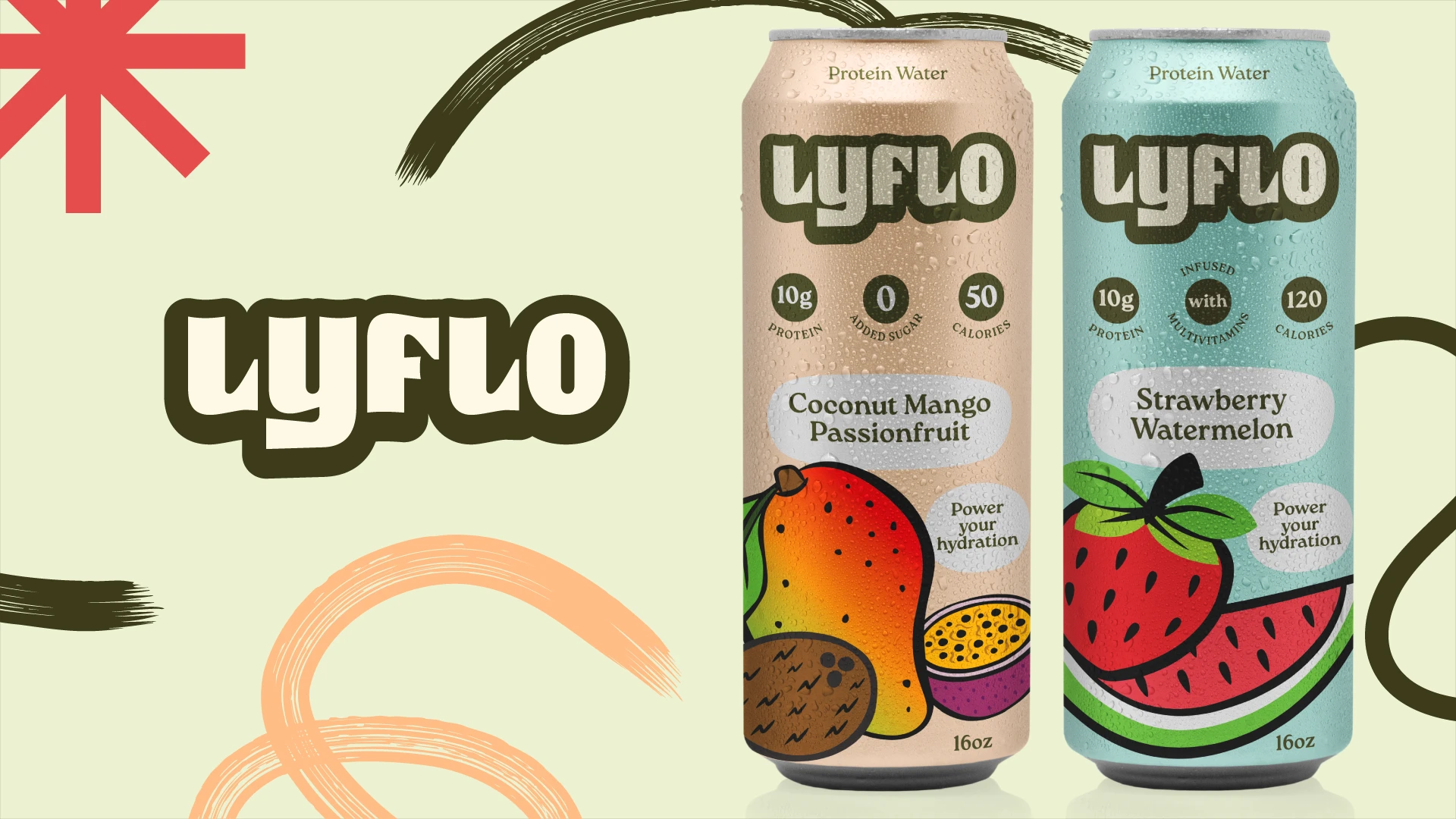 Lyflo protein water cans showing coconut mango passionfruit and strawberry watermelon flavors with colorful fruit design