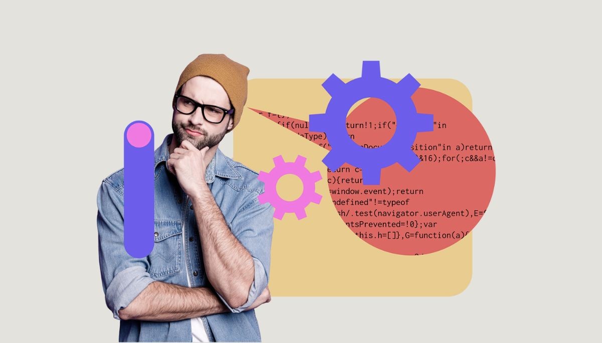 Stylized image of developer thinking with abstract code and gear icons, depicting coding test preparation.