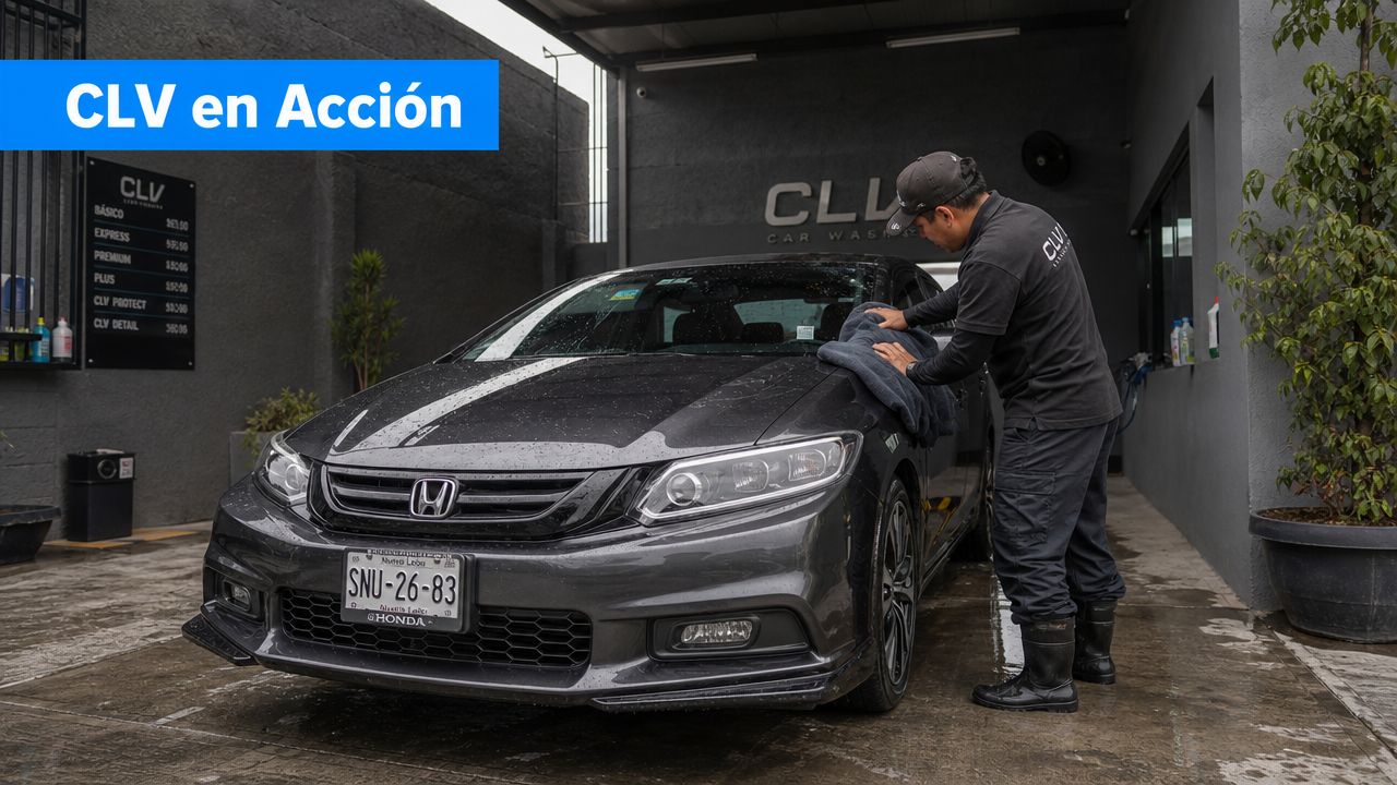 Un empleado de un centro de lavado de autos CLV limpia el capó de un Honda gris.