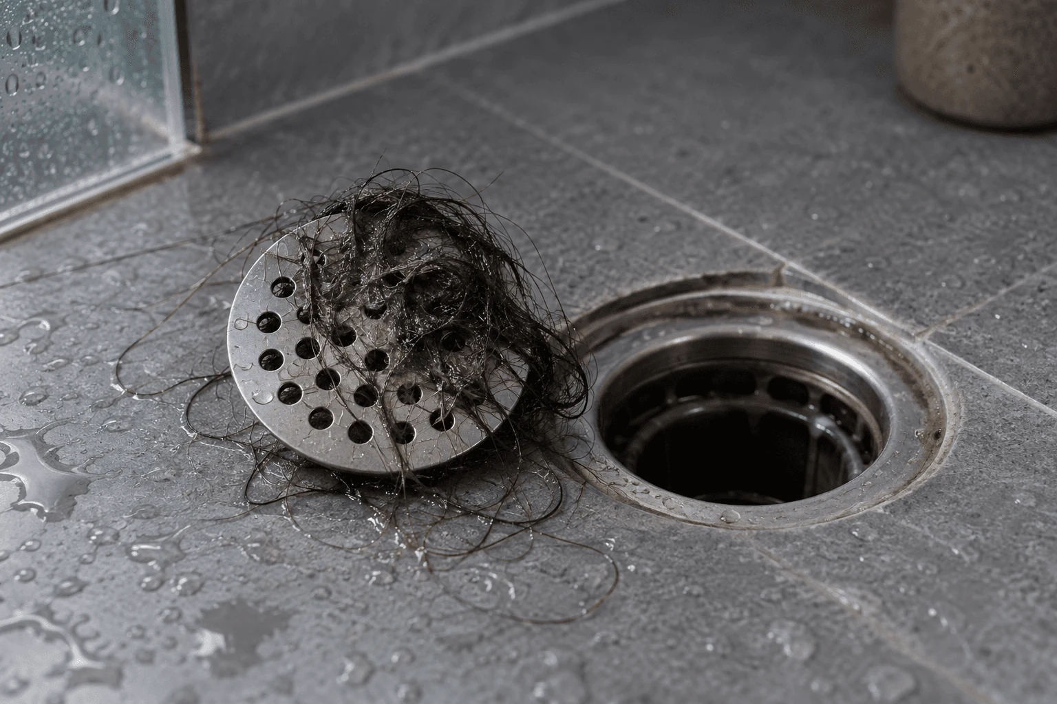 Cheveux accumulés autour de la bonde d’une douche