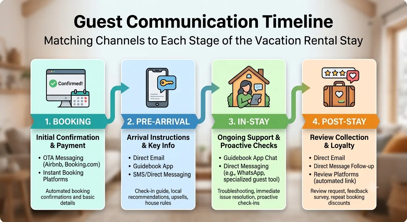 Guest communication timeline across the vacation rental stay.