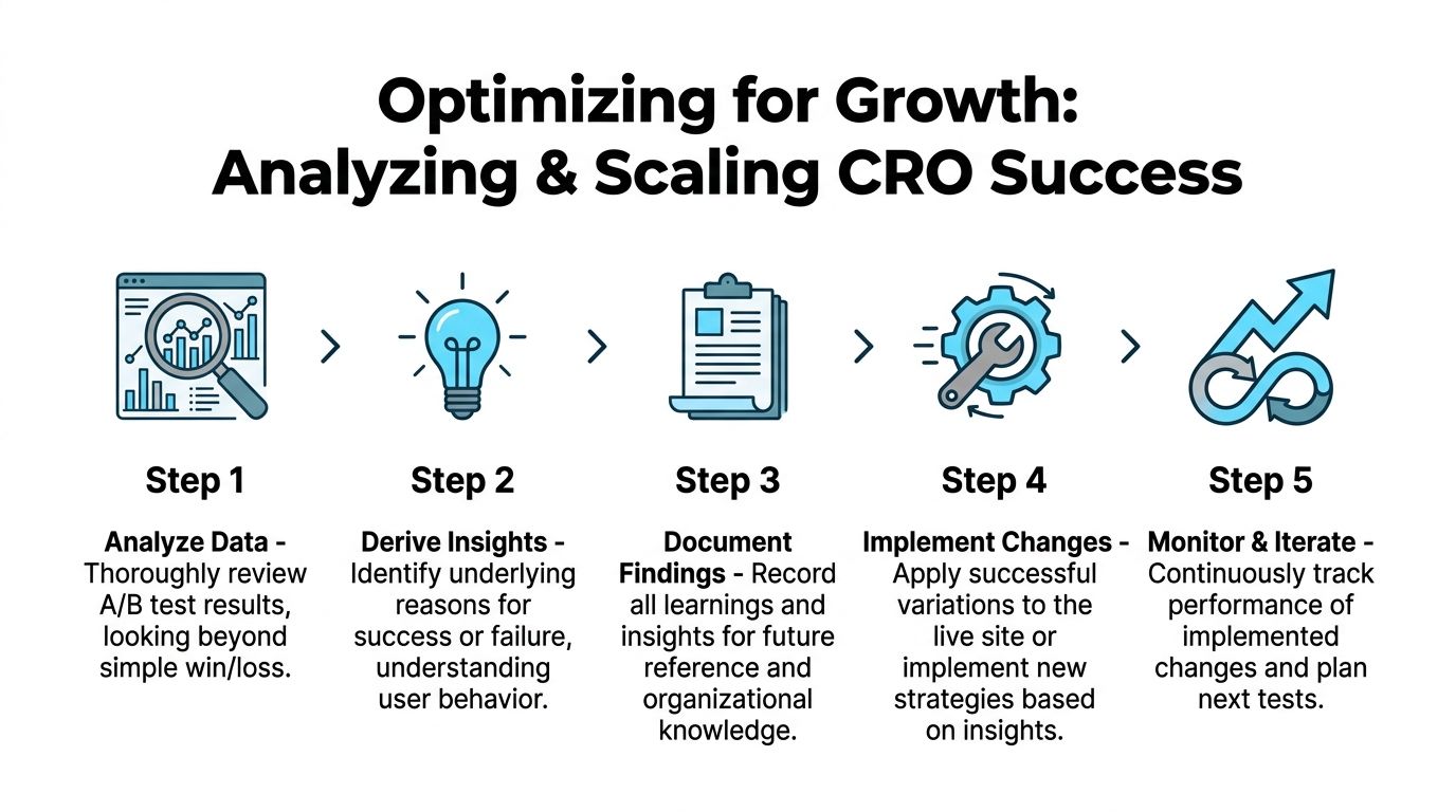 A five-step process diagram illustrating how to analyze, learn, document, implement, and iterate for CRO success.