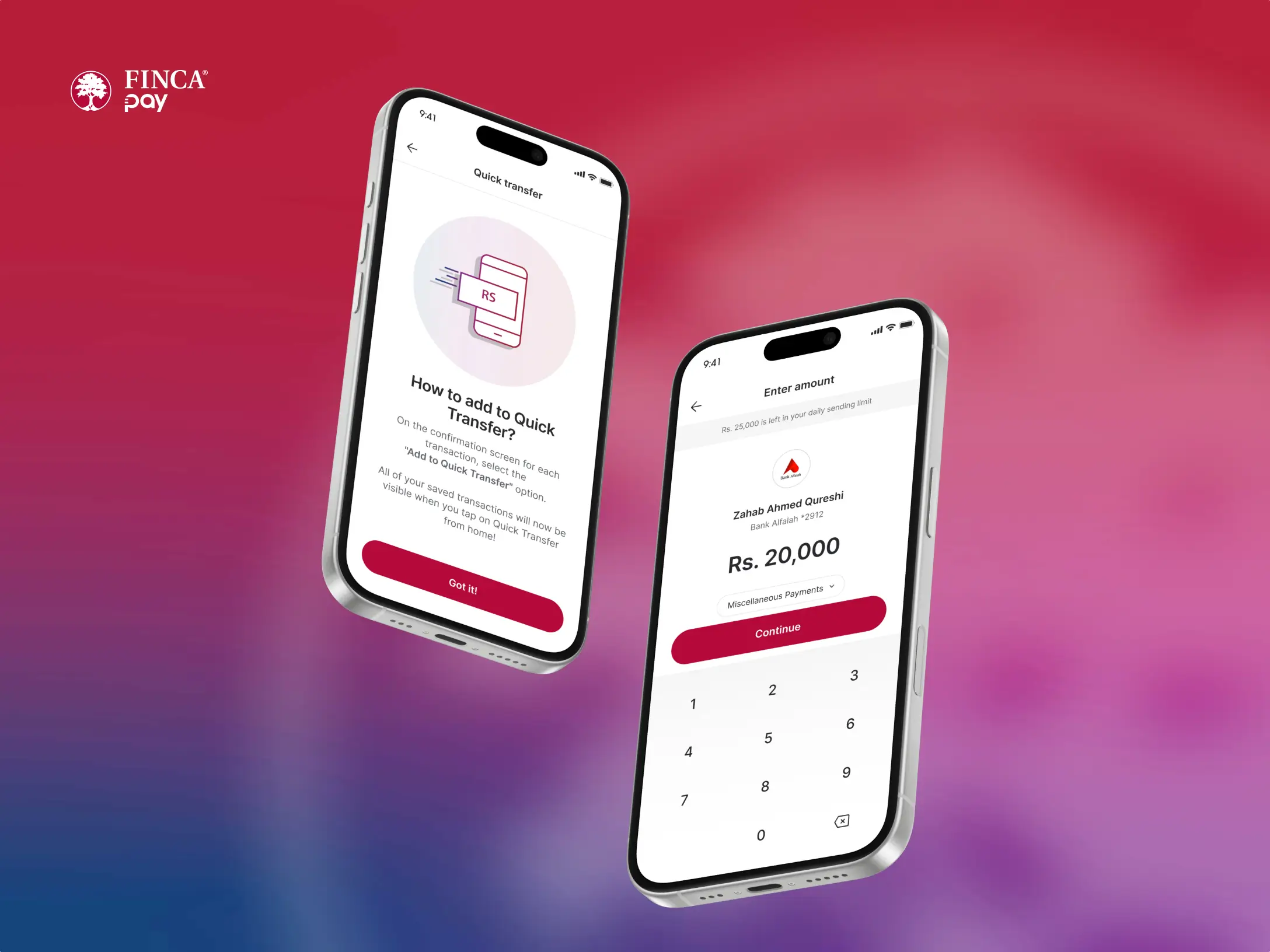 FINCA Pay mobile banking app interface on smartphones displaying quick money transfer screens and numeric keypad.