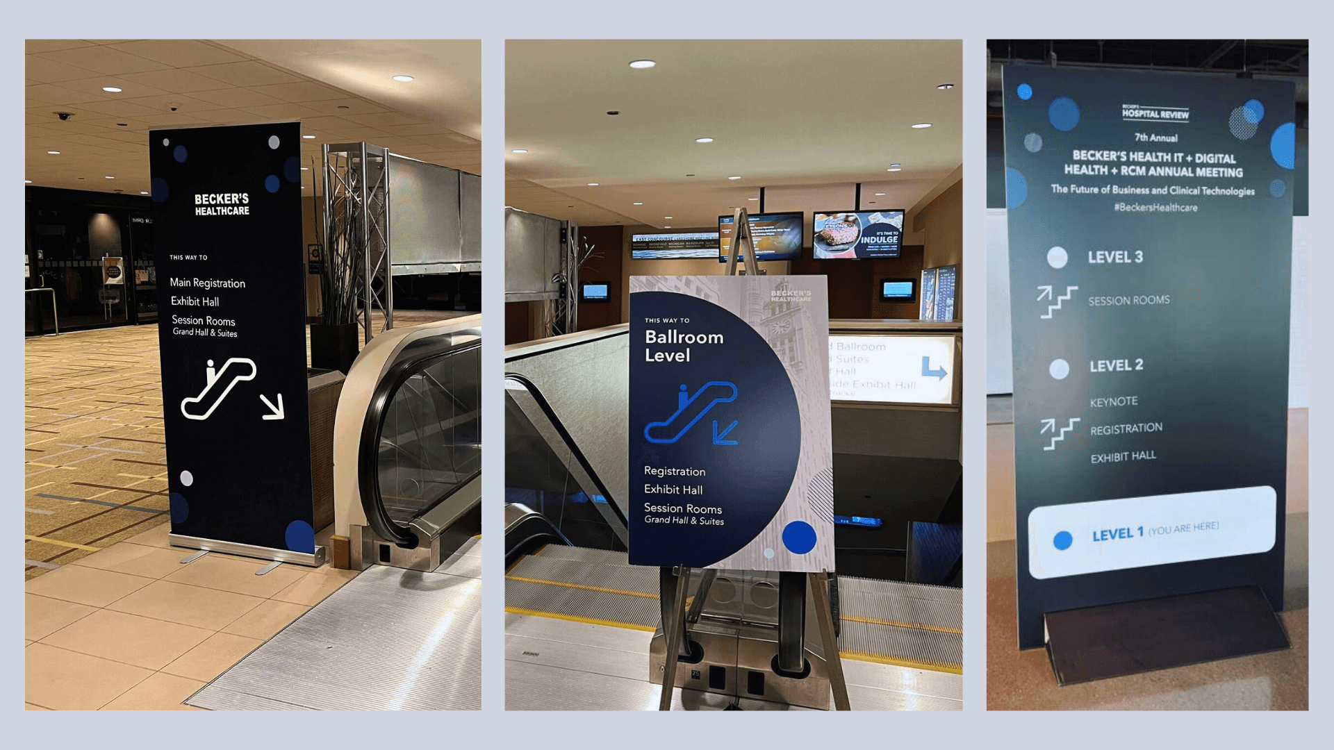 Printed Becker's Healthcare wayfinding signs placed at venue escalators