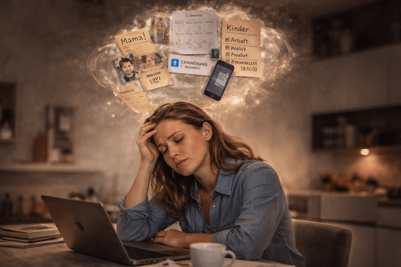 Erschöpfte Frau sitzt abends am Laptop in der Küche, über ihr schwebende Notizen und Erinnerungen symbolisieren den Mental Load zwischen Arbeit, Familie und Alltagsorganisation
