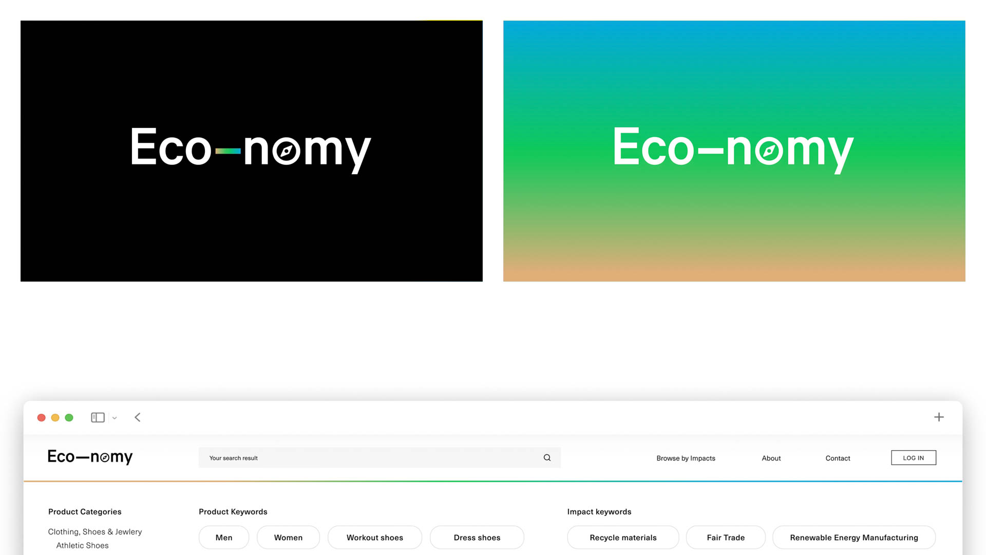 Two versions of the Eco-nomy logo are displayed side by side: one black and one teal. Both feature the brand name in lowercase white text with a green dot replacing the dot in the 'o'. Below them, a browser window shows search results for "Eco-nomy" with the "eco-nomy" logo in black and the "Eco-nomy" logo in teal. Beneath the browser window are product categories and keywords, including "Product Categories", "Men", "Dress shoes", "Recycle materials", "Fair Trade", and "Renewable Energy Manufacturing".