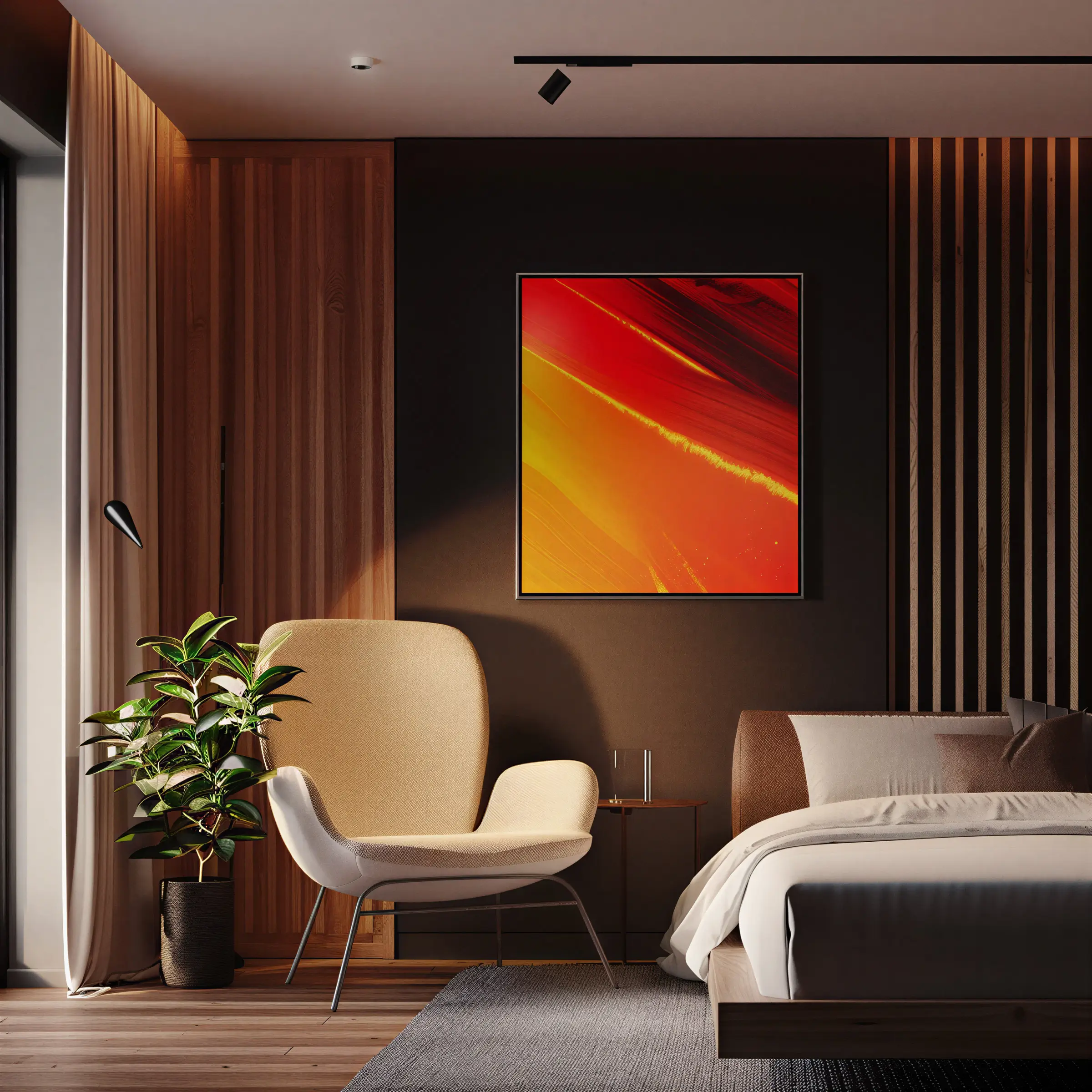 Modern bedroom with dark accent wall, beige armchair, vibrant warm abstract wall art, and wooden slats.