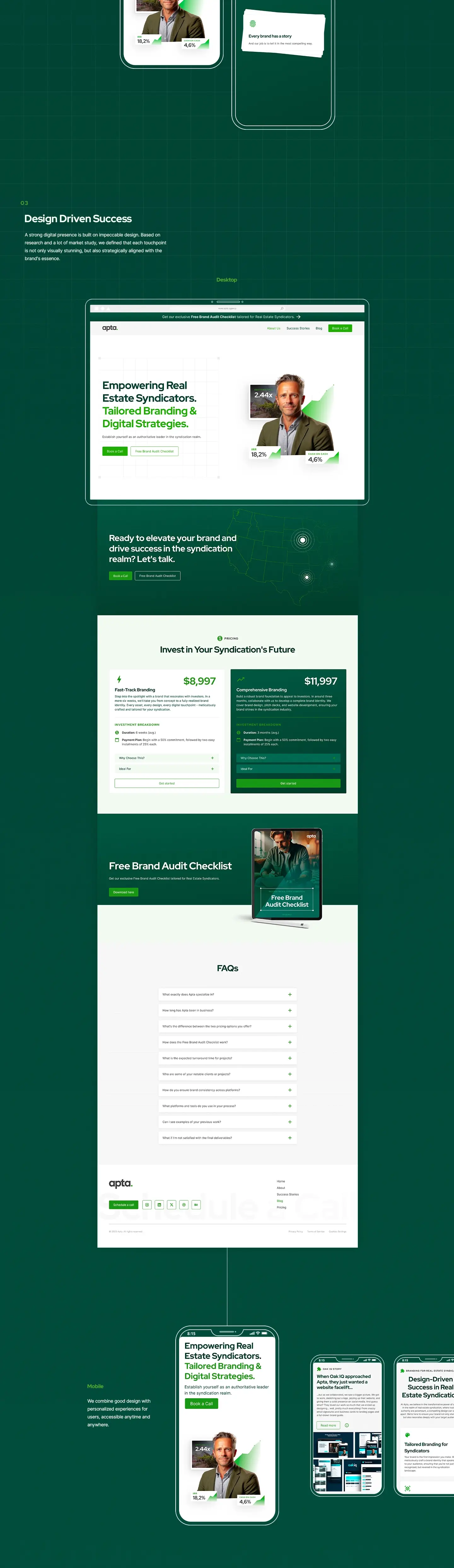 Full website design for Apta Agency showcasing pricing tiers, Brand Audit Checklist lead magnet, FAQ section, and mobile-responsive layouts for real estate syndicators.