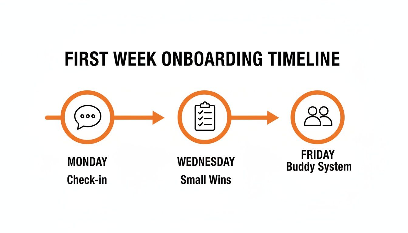 A first week onboarding timeline with steps: Monday check-in, Wednesday small wins, Friday buddy system.