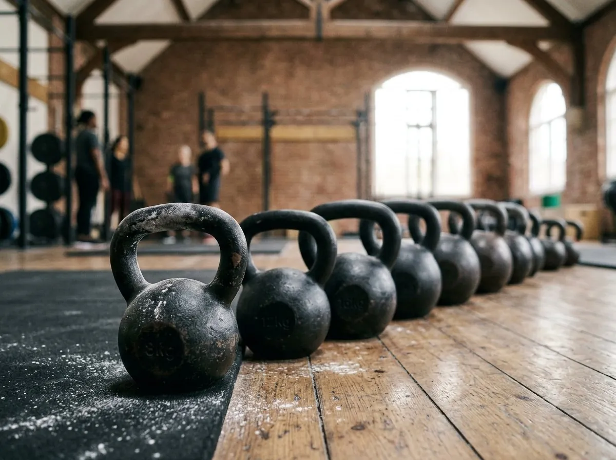 A row of kettlebells on the gym floor
