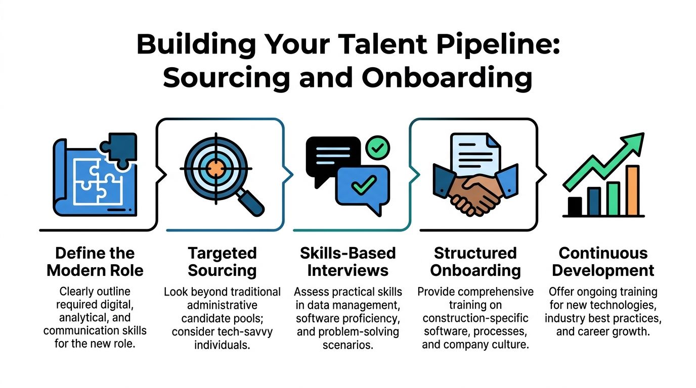 A five-step infographic showing the process of building a talent pipeline for construction companies.