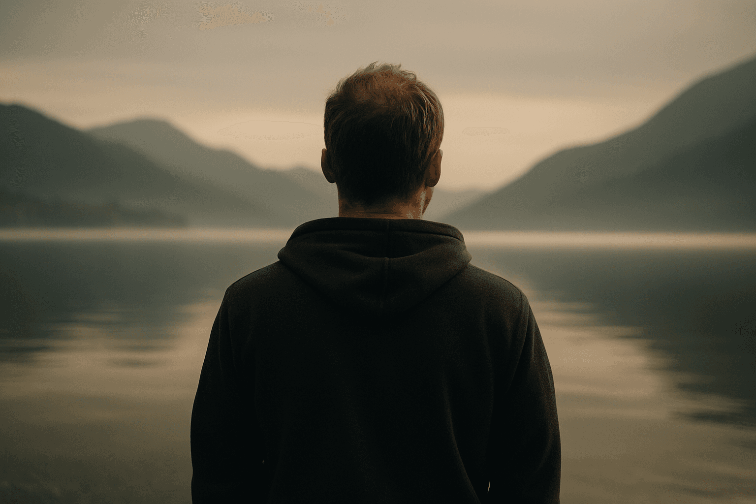 A person stands by a calm lake surrounded by mountains, looking out over the water at dawn.