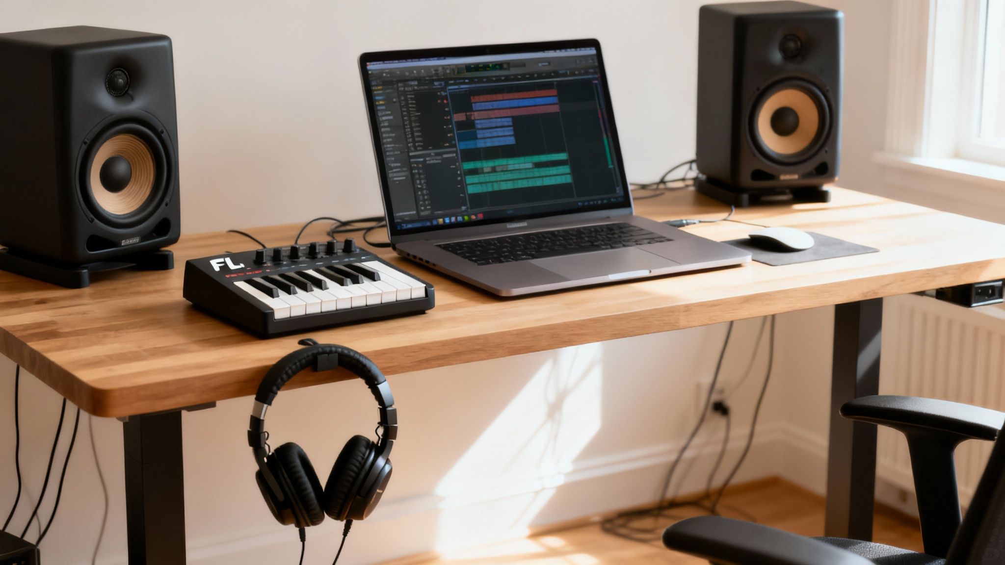 A modern music production setup with a computer, MIDI keyboard, and studio headphones.