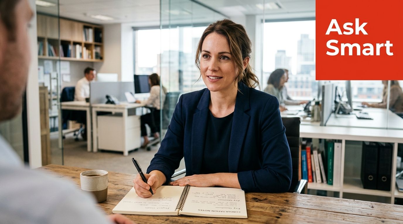 A professional woman in a blazer holds a pen while conducting a business consultation in an office.