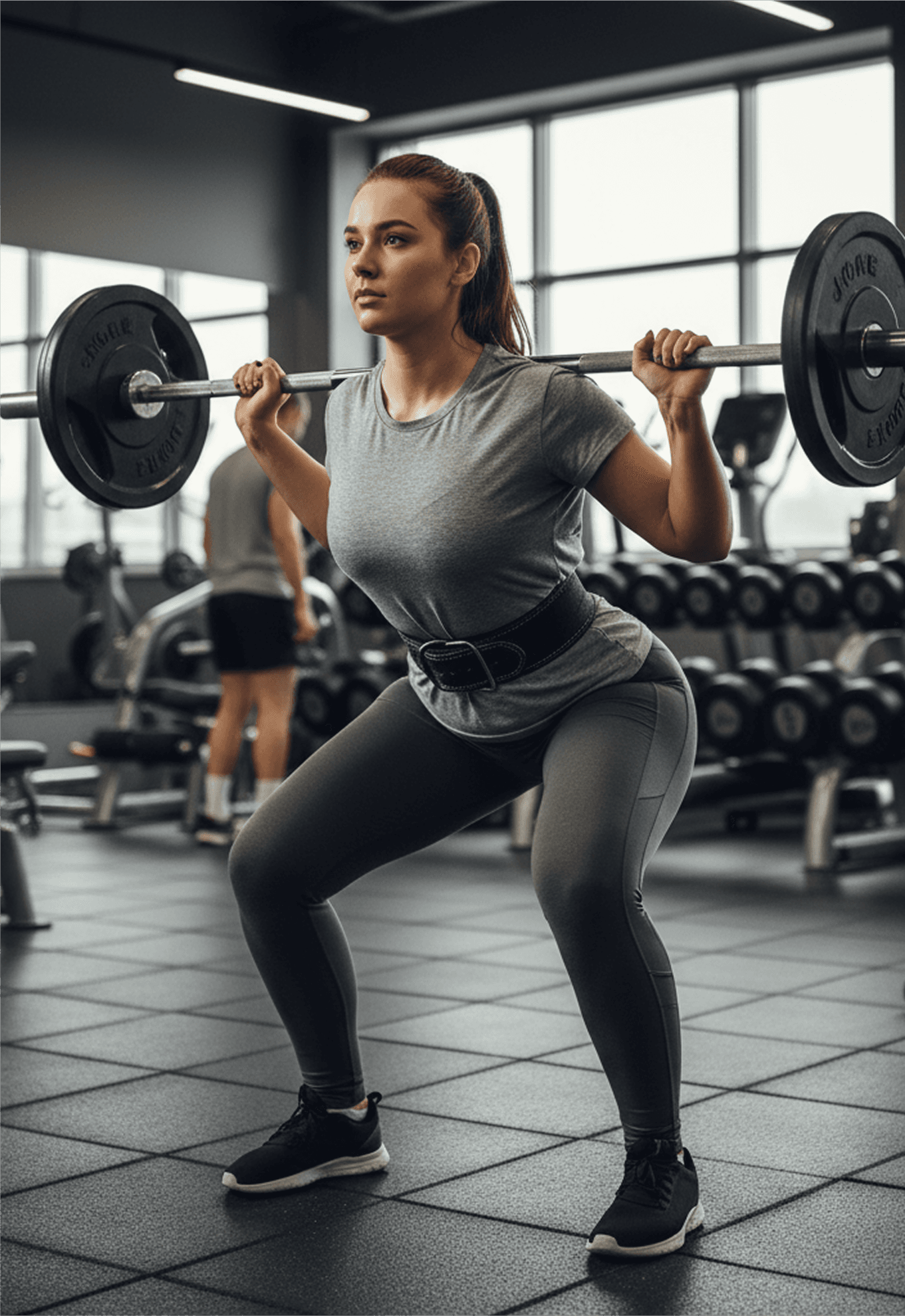 Woman performing barbell squats in a gym after completing her fitness transformation, showing improved strength and tone.