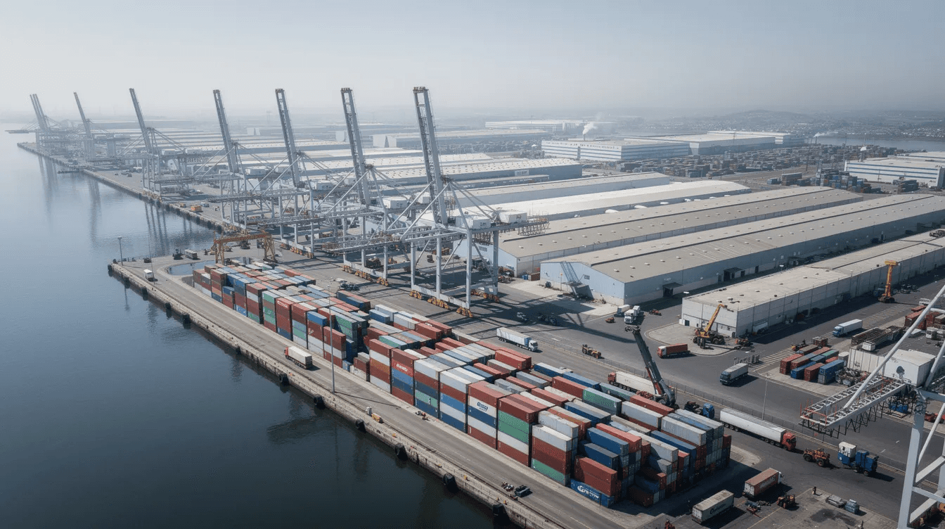 The image depicts an industrial port featuring numerous cargo containers stacked neatly alongside manufacturing warehouses, all situated along a bustling waterfront. This scene represents the critical role of supply chains in the economy, highlighting the operations of manufacturers and the importance of economic conditions for businesses and consumers alike.