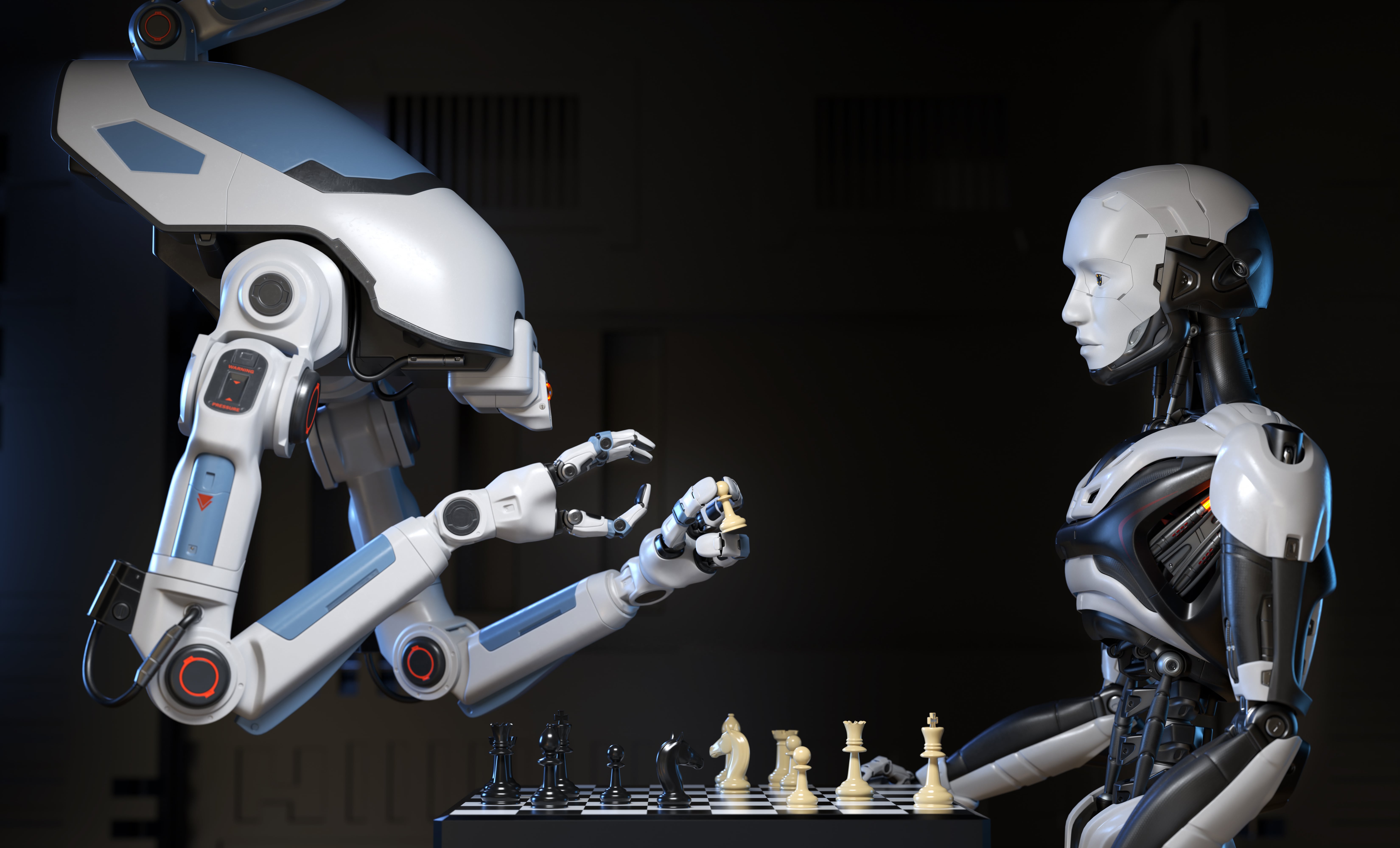 A humanoid AI robot plays a strategic game of chess against a large industrial robotic arm in a futuristic setting, illustrating the concept of artificial intelligence and machine learning.