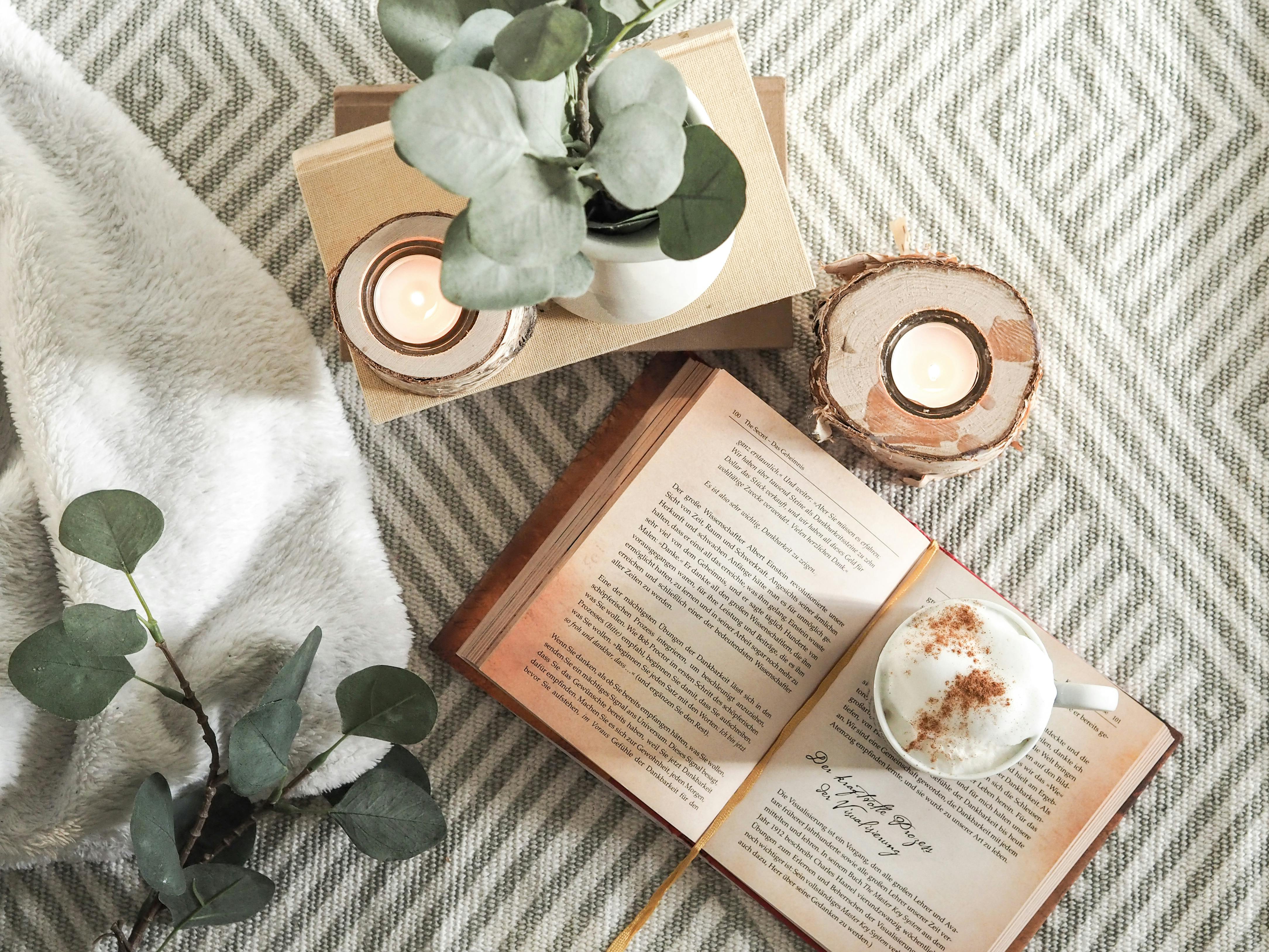 An aesthetic photo featuring a potted flower, candles, and a book with a cappuccino on top of it.