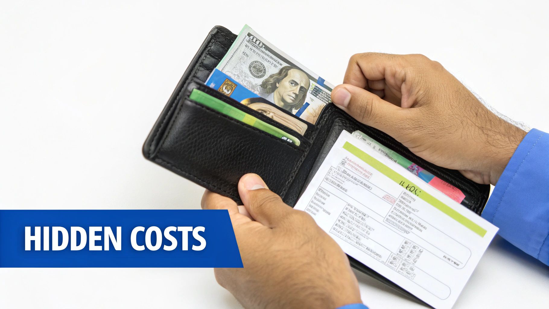 A person holding an open wallet with dollar bills, cards, and a document, with 'HIDDEN COSTS' text.
