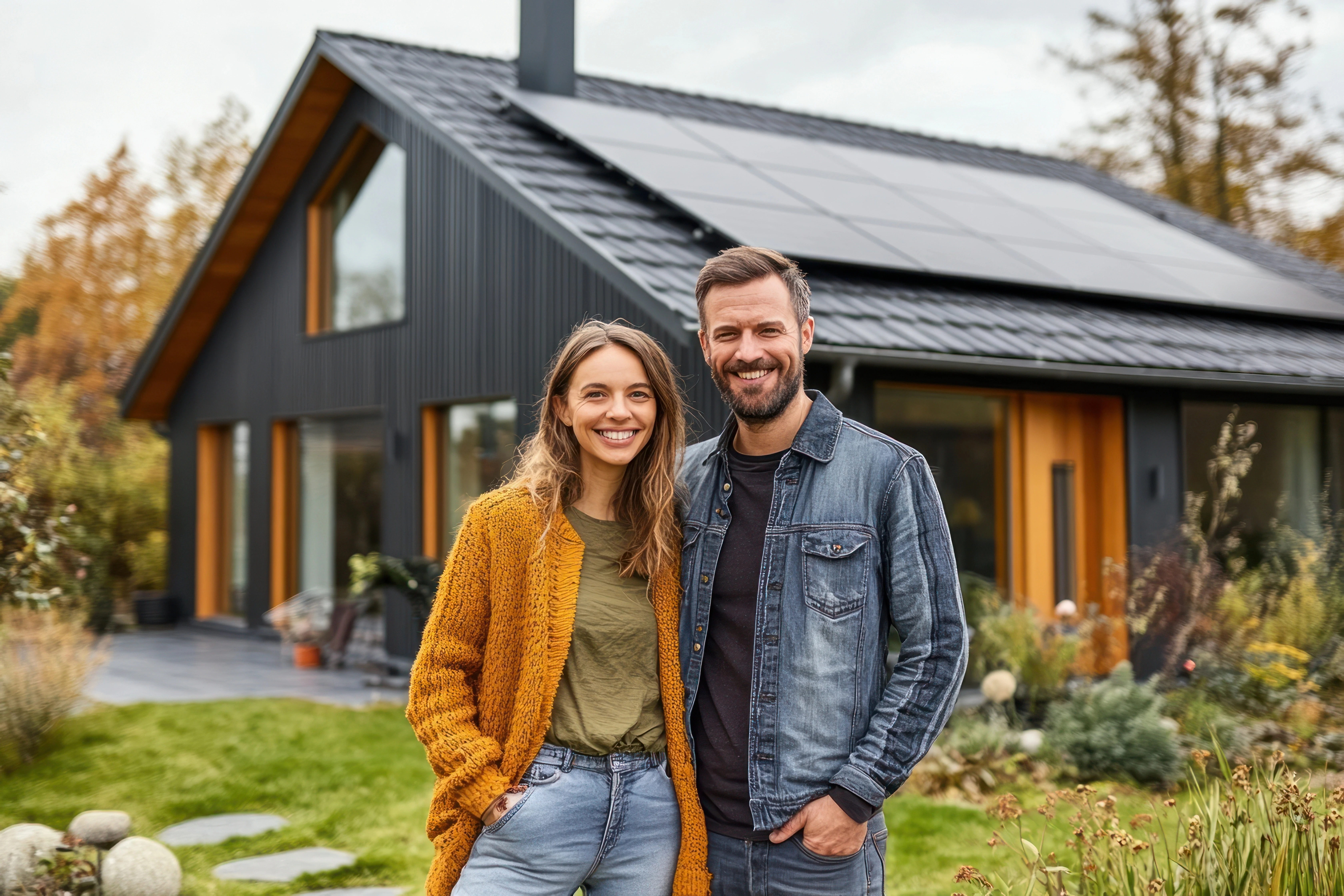 Glückliches Paar vor ihrem modernen Haus mit Dach-Solaranlagen, das die Vorteile der Finanzierung von Solaranlagen demonstriert. Der Fokus liegt auf der nachhaltigen Energieversorgung und Kostensenkung für Hausbesitzer.