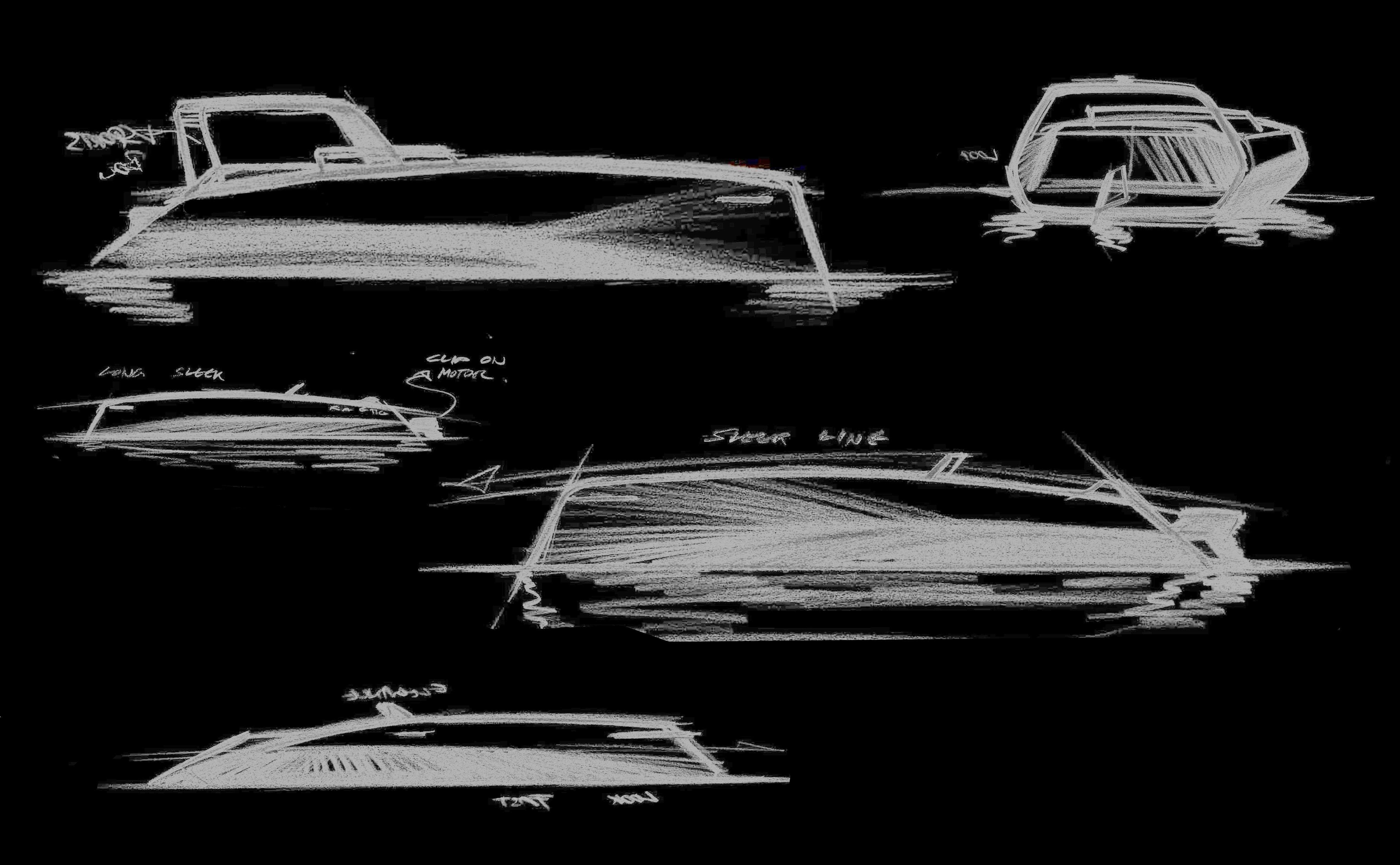 Concept sketch sheet showing early design development for Kaebon electric boat