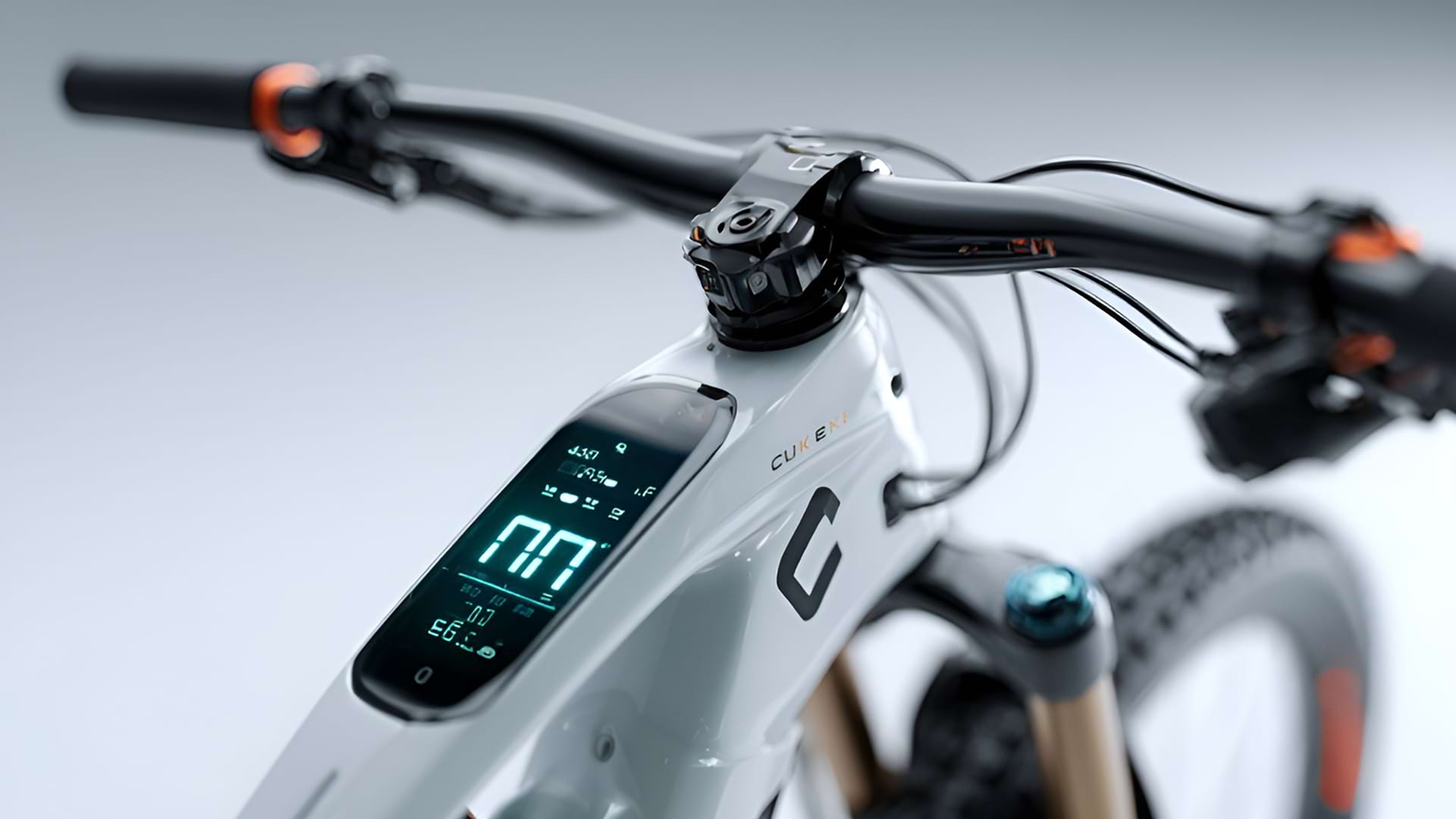 Close-up of a sleek, white electric bike's handlebar with a digital display on the frame, showing numbers and icons. Modern and futuristic feel.