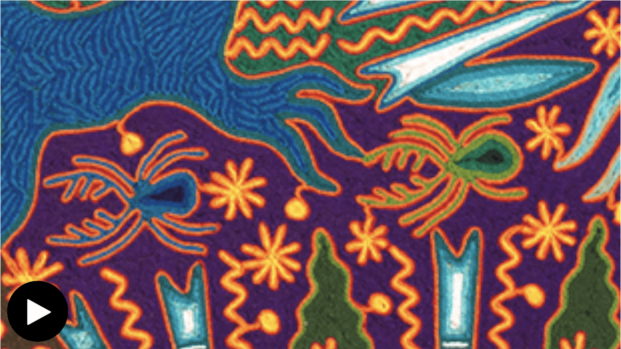 Detail of José Benítez Sánchez's untitled yarn painting focusing on two scorpion figures.