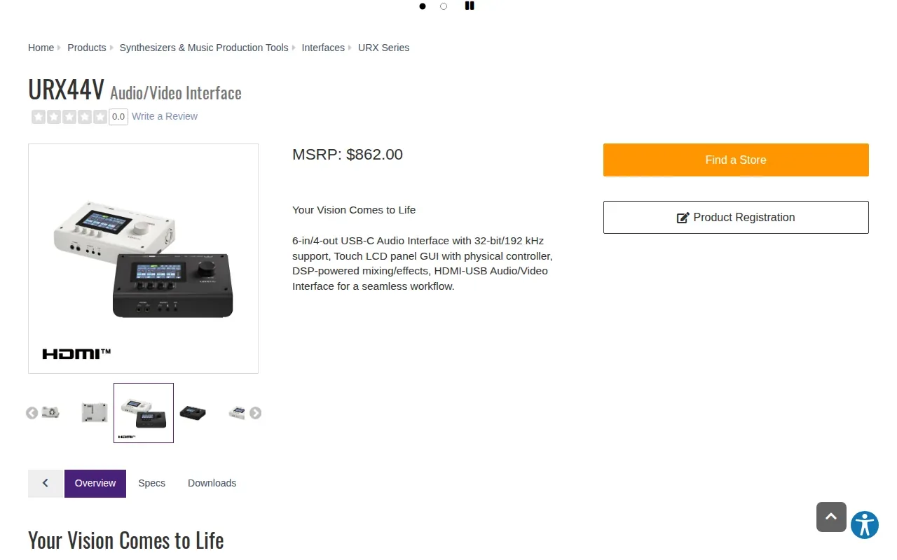 Screenshot of the URX44V by Yamaha website