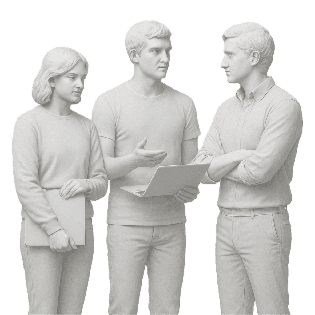 Three people discussing with laptops in a modern setting - perfect for collaboration and teamwork visuals.