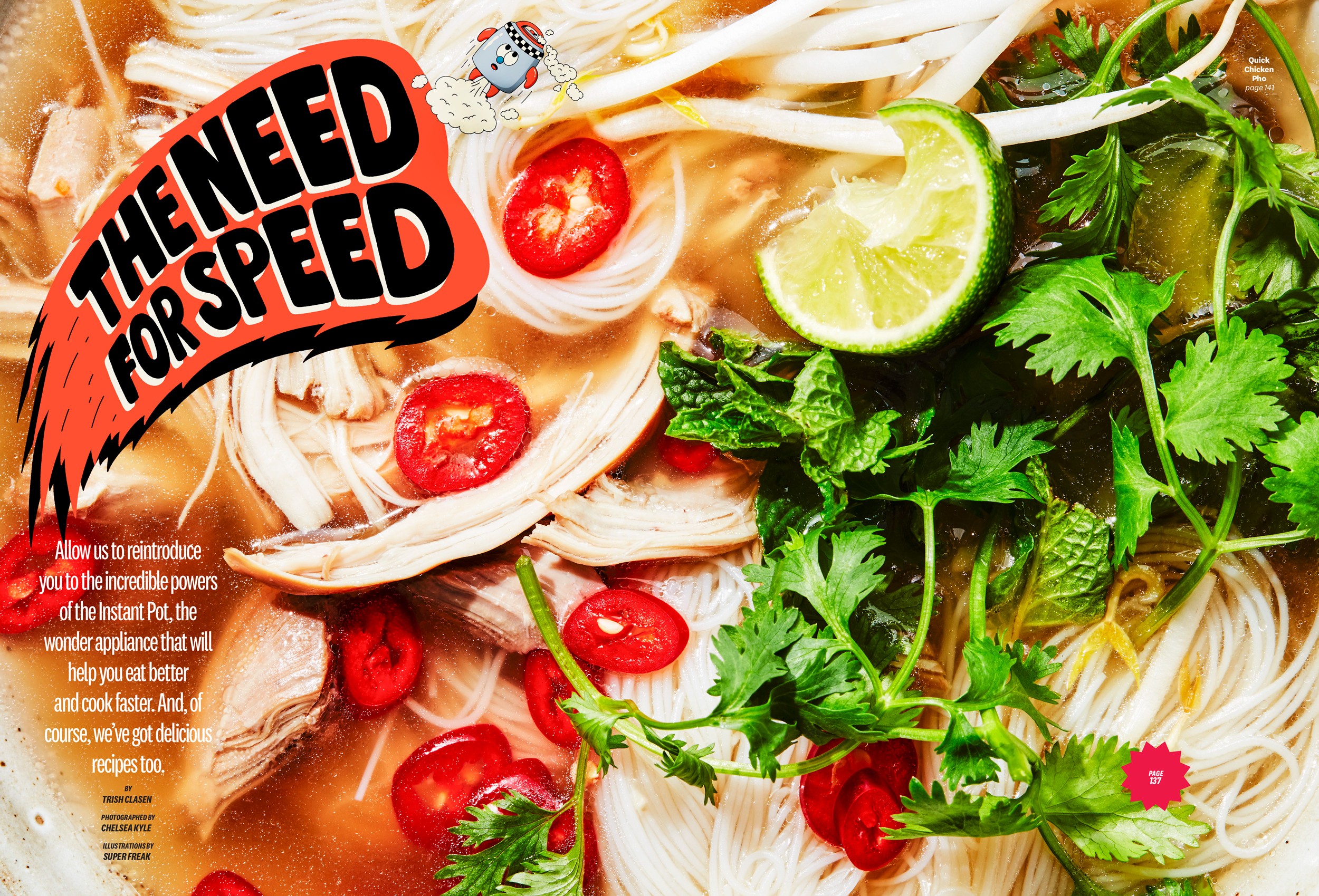 A layout featuring a close-up shot of a bowl of noodles with shredded chicken, cilantro, lime, and sliced chilies.