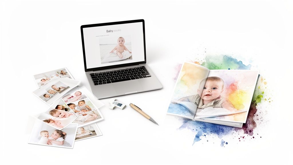 Digital and physical baby photo memories: a laptop, printed photos, and a colorful album.