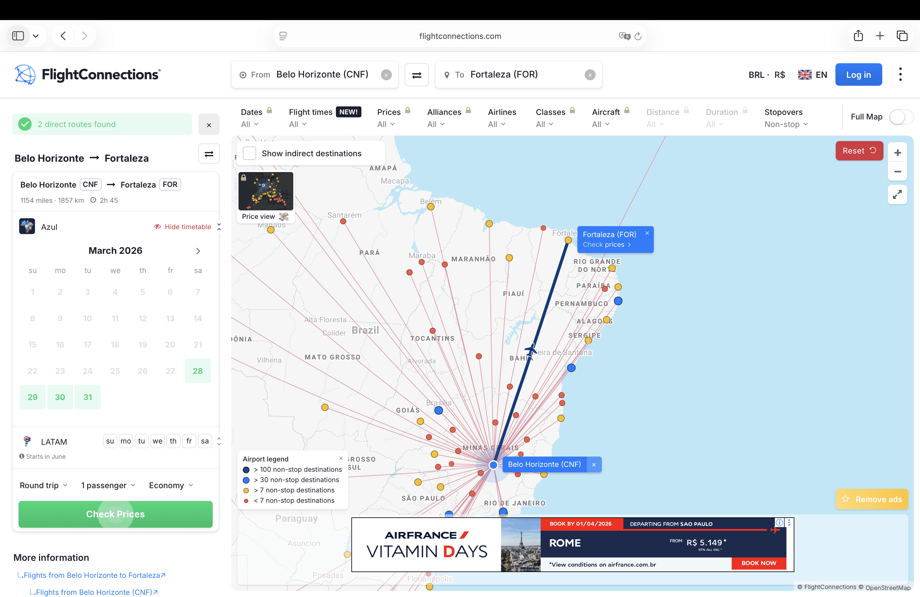 Mapa do FlightConnections mostrando voos diretos de Belo Horizonte (CNF) para Fortaleza (FOR), operados por Azul e LATAM
