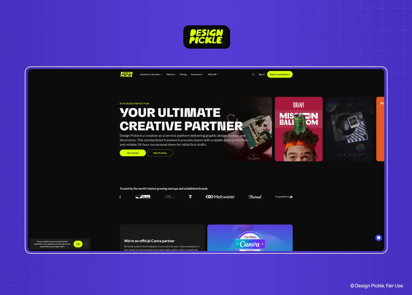 Homepage screenshot of Design Pickle showcasing its unlimited creative services and subscription-based design offering.