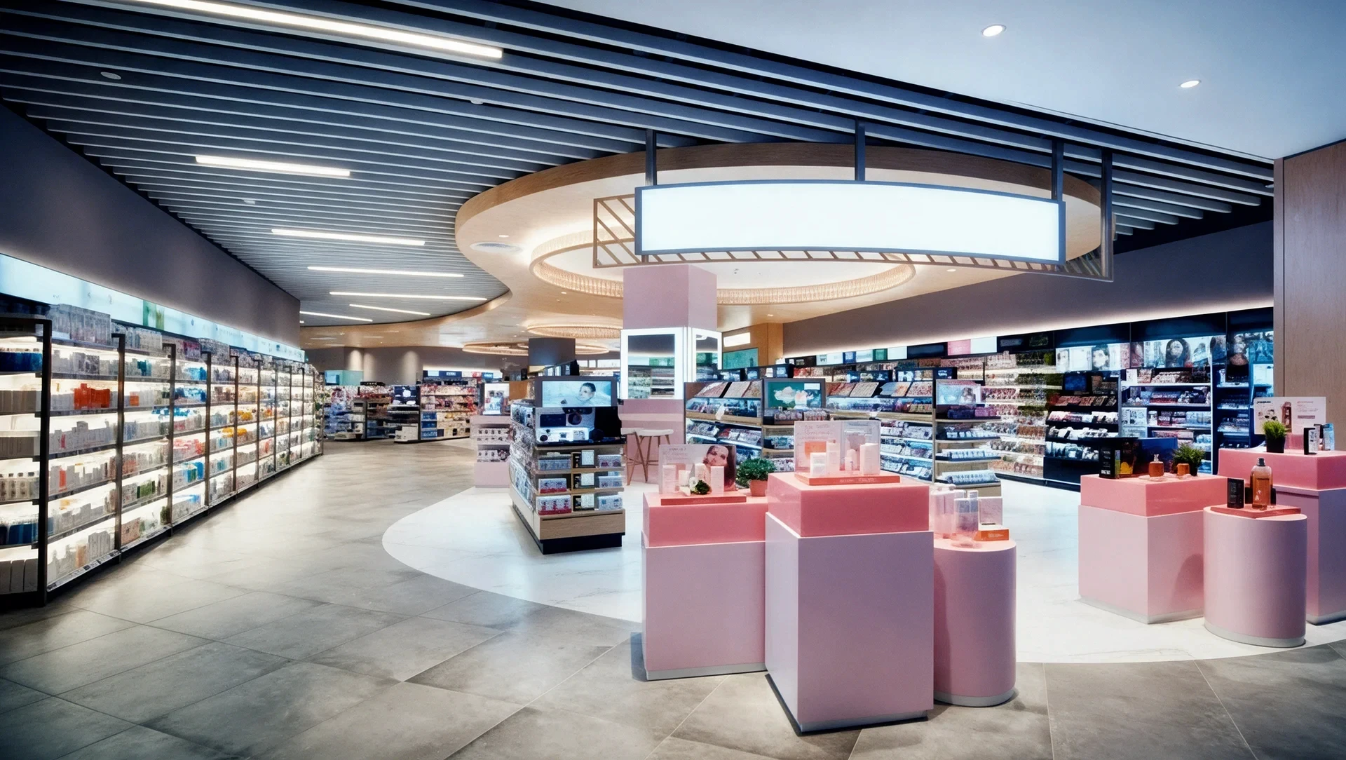 Bright health and beauty store interior with pink display plinths