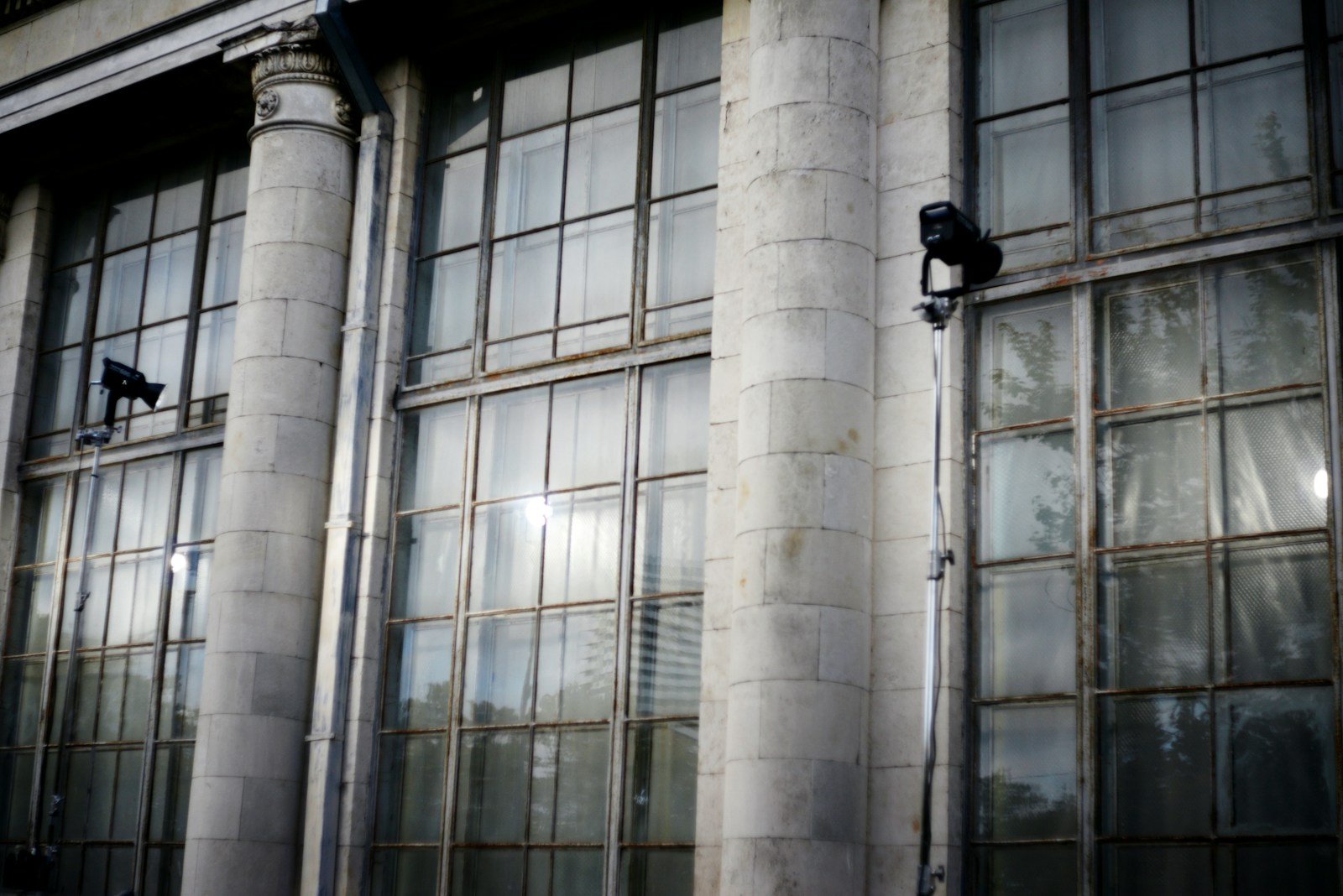 Commercial building facade with integrated exterior security cameras