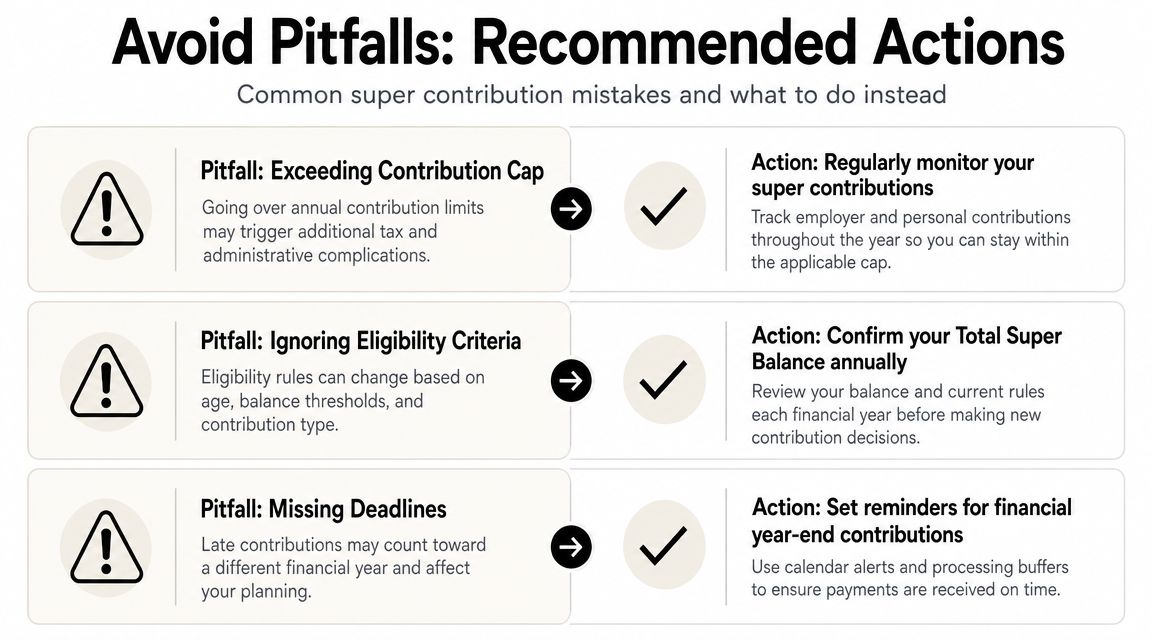 A chart showing common super contribution mistakes and recommended actions to manage retirement savings effectively.