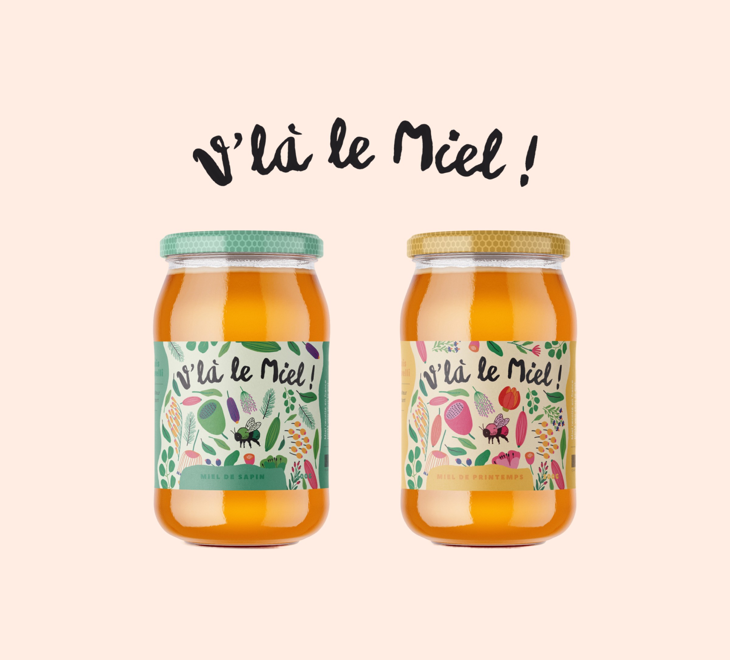 Packaging de pot de miel avec illustrations colorées