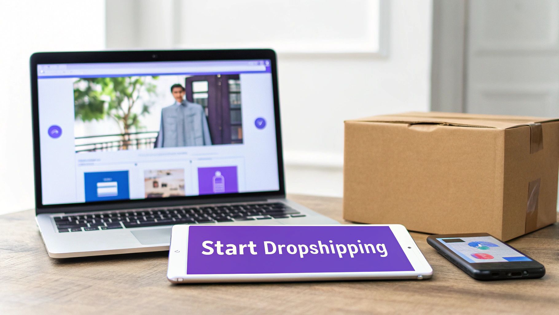 A laptop, tablet showing 'Start Dropshipping', smartphone, and a shipping box on a wooden desk.