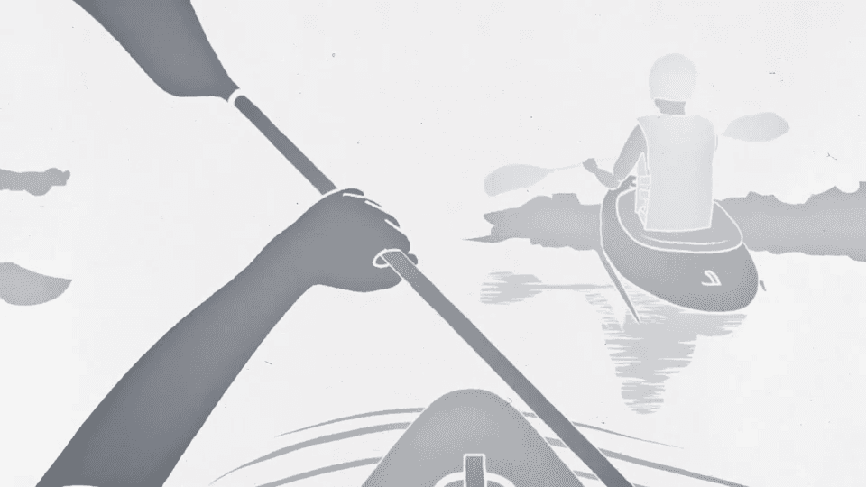 Stylized animation showing kayaker paddling across calm water in minimalist black and white style