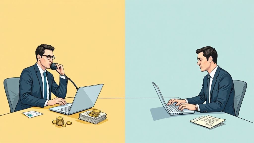 An OTC trader working at a professional trading desk, with multiple screens showing market data, symbolizing the high-touch, data-driven nature of private trades.