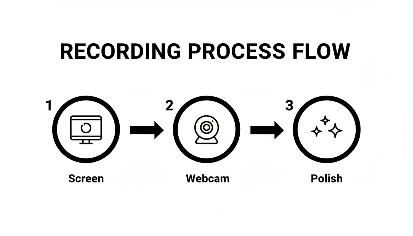Diagram showing a three-step recording process flow: screen, webcam, and polish.