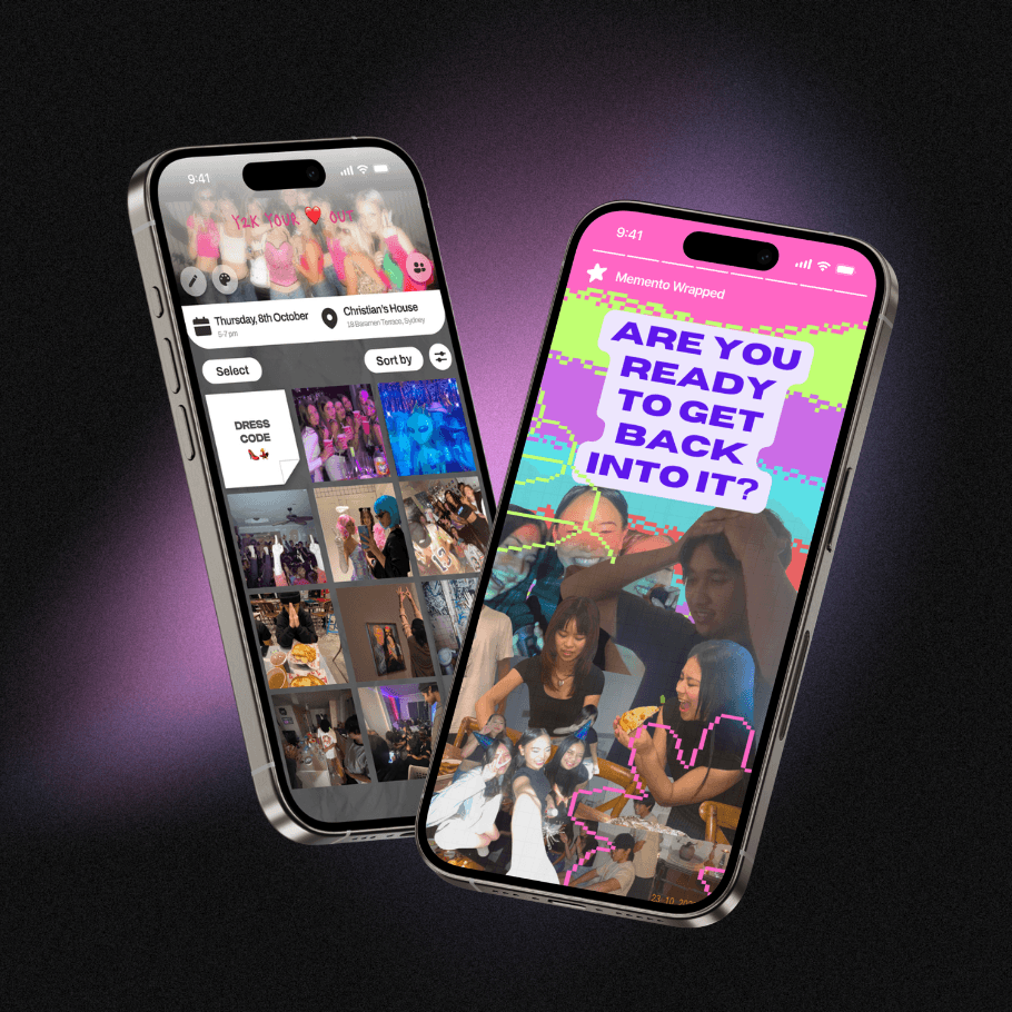 Two tilted phone mockups showing the Memento app—one with a party album and one with a Memento Wrapped recap screen.
