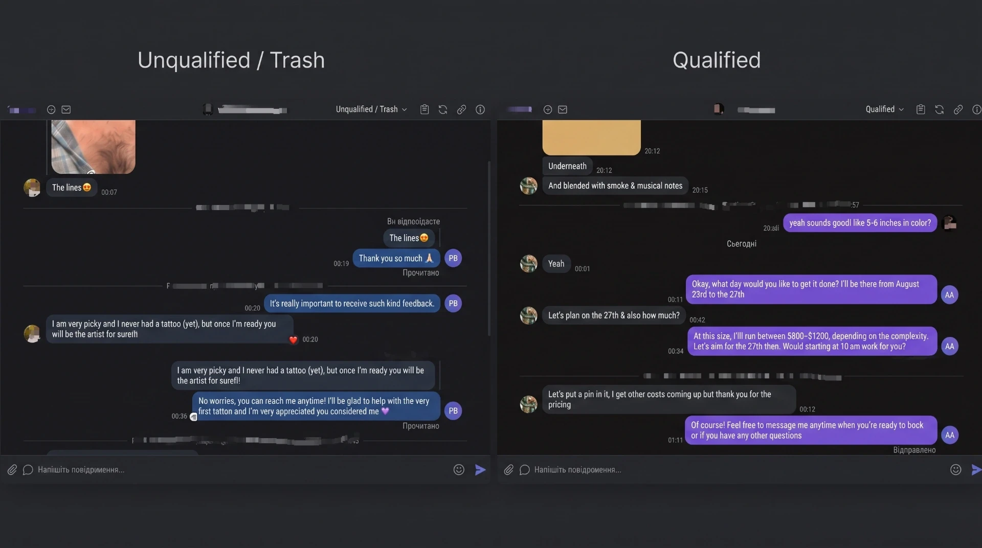 Lead qualification system separating unqualified and qualified tattoo booking inquiries
