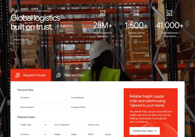 Logistics company homepage with warehouse background, featuring a form for quote requests and contact information for reliable freight, supply chain, and warehousing services.