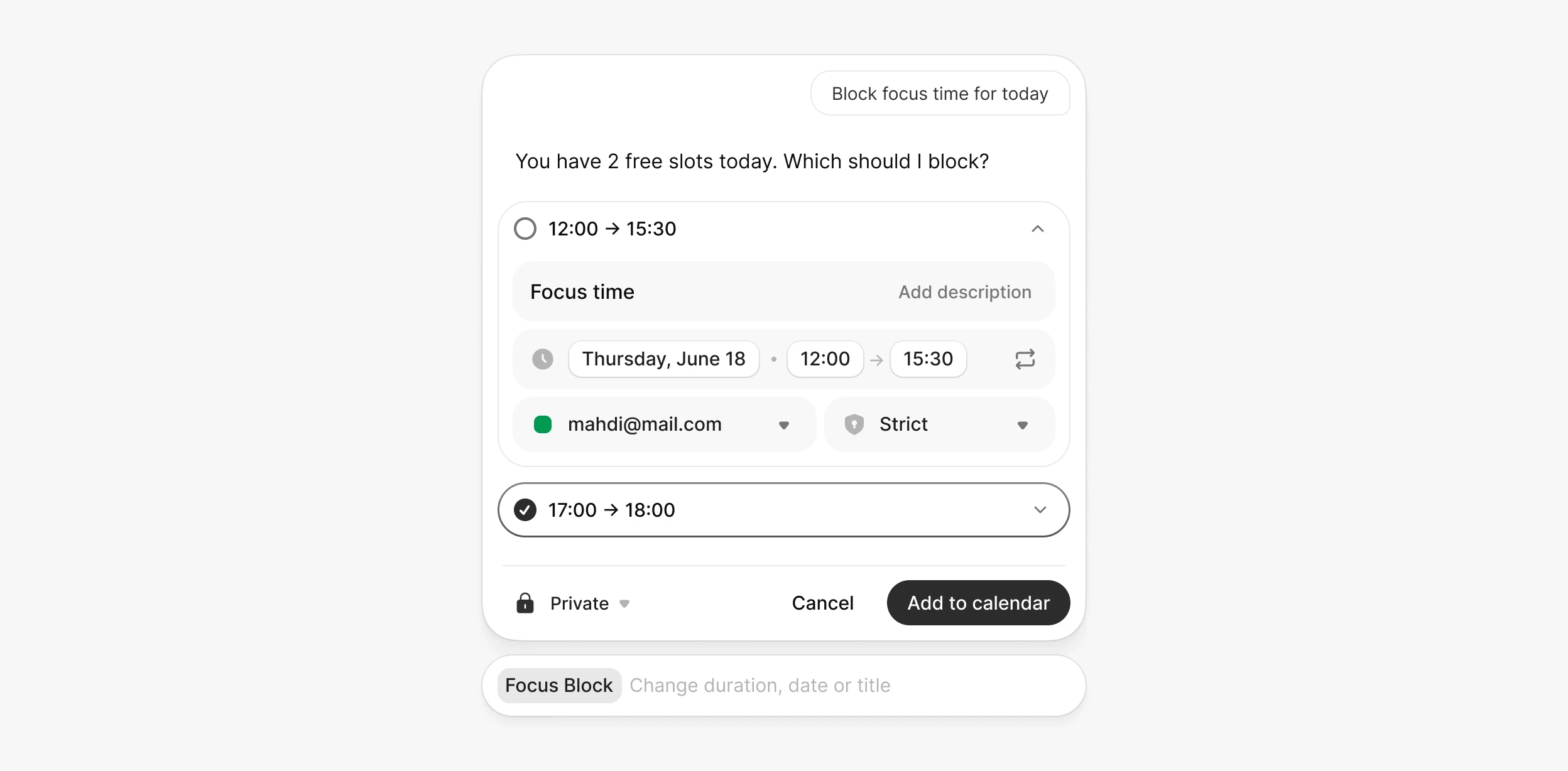 One focus slot expanded with title, date, time, calendar and a Strict setting, ready to add to the calendar