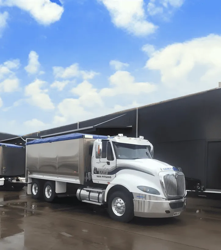 A large semi-truck and trailer parked by a warehouse